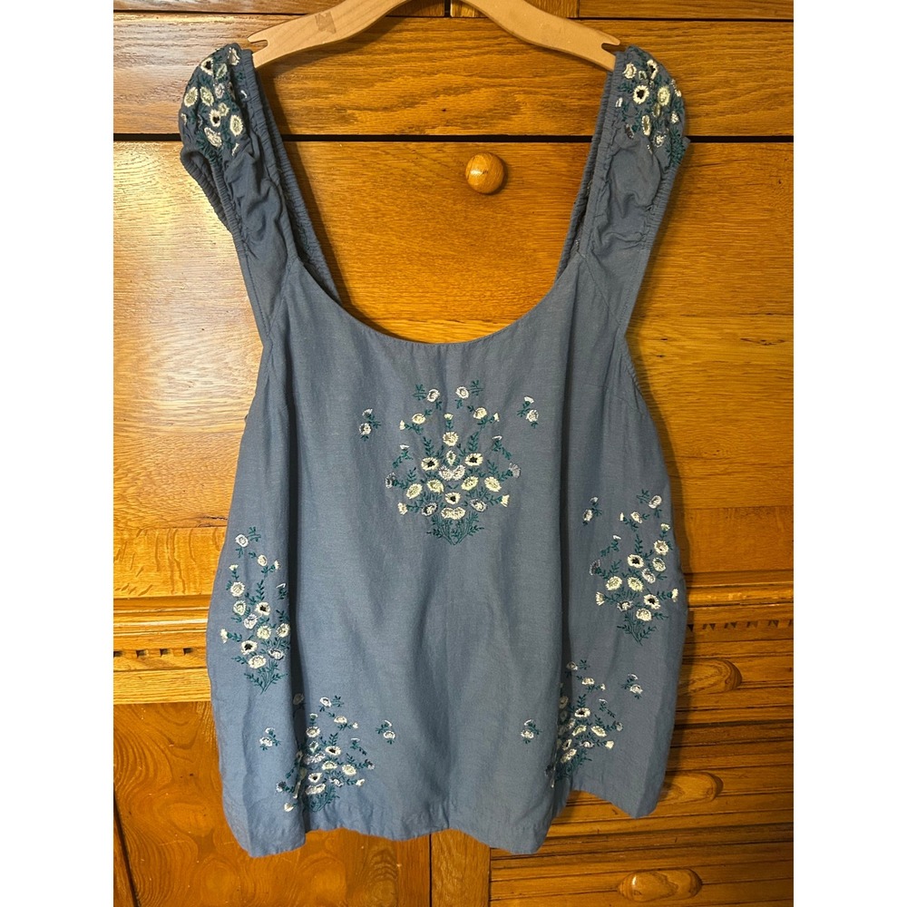 Free People Boho Chic Blue Embroidered Floral Linen Blend Tank Top Mini Dress